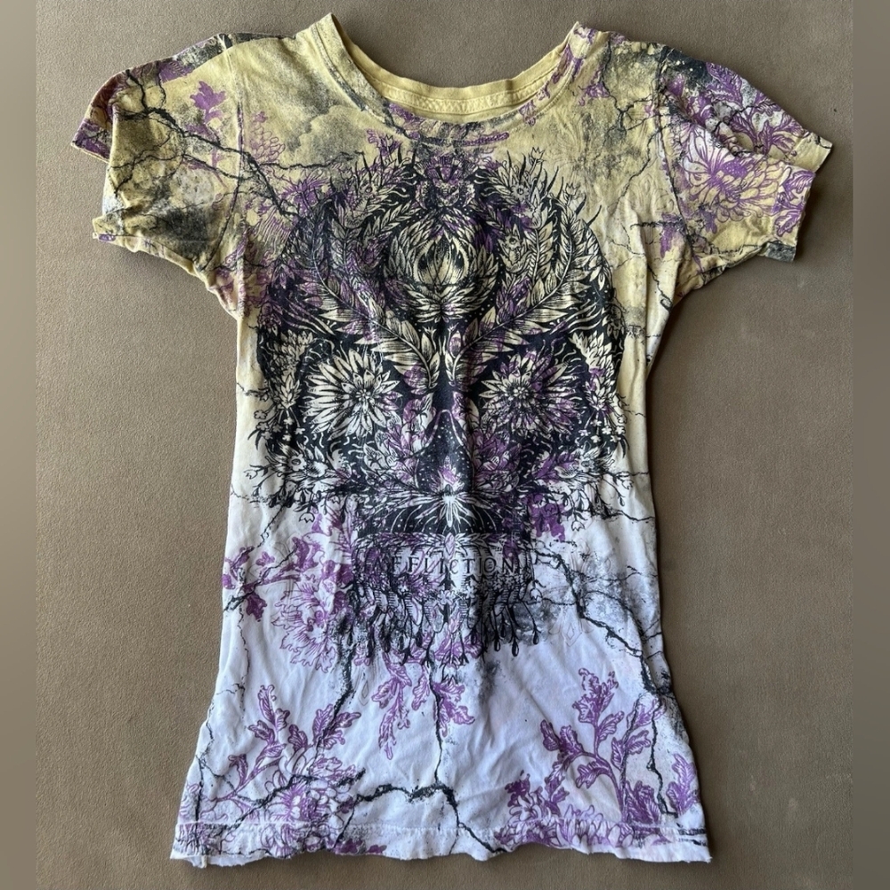 Affliction Women's Tee with Yellow and Purple Floral Design